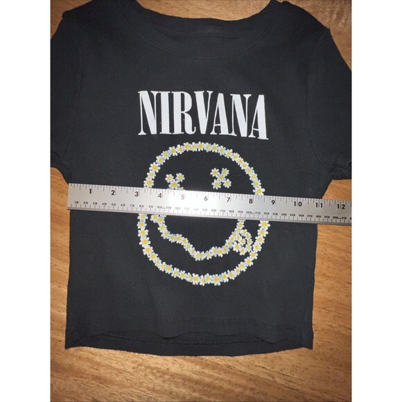 NIRVANA Flower Smiley Face Band Logo Ribbed T-Shirt Sz Juniors Medium Black - Picture 3 of 5